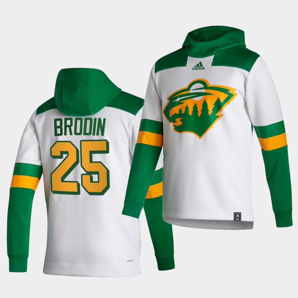 Men Minnesota Wild 25 Brodin White NHL 2021 Adidas Pullover Hoodie Jersey
